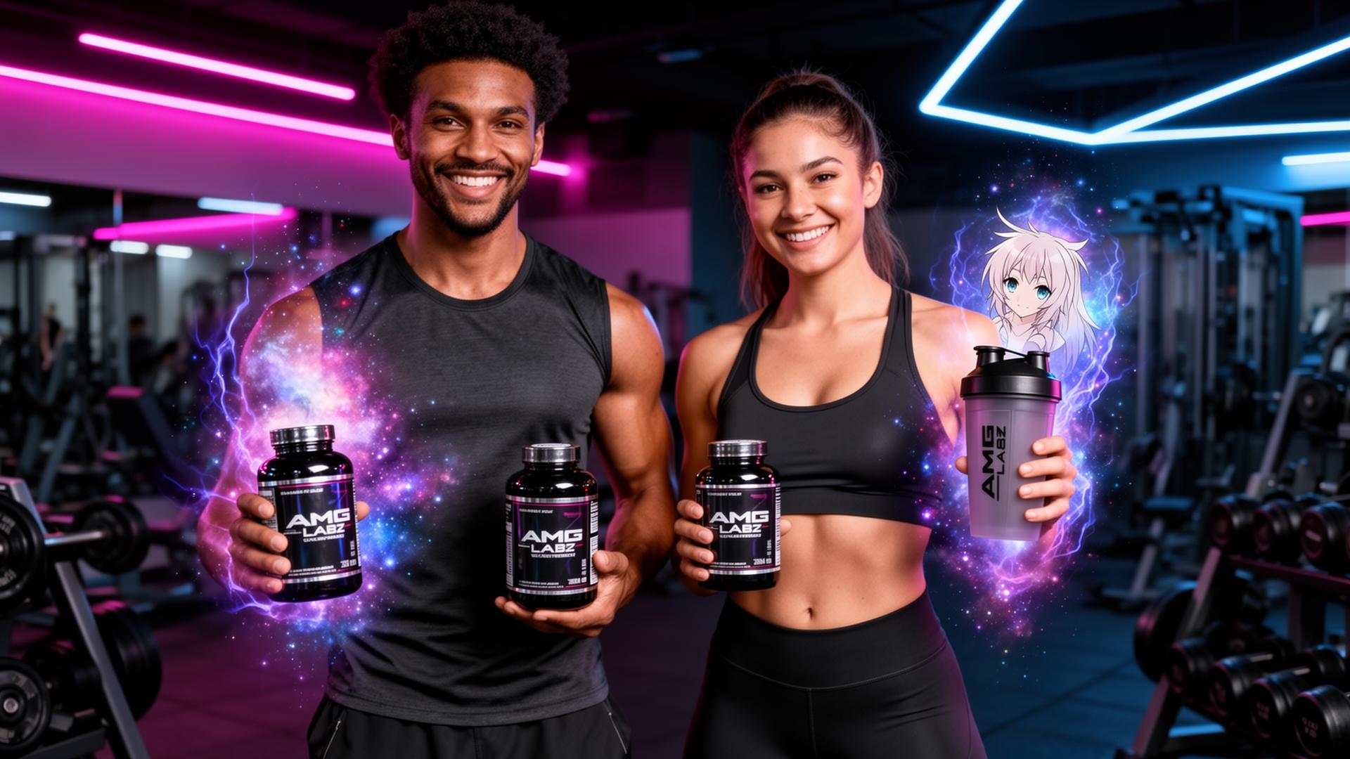 Athletes in the gym holding AMG Labz supplements