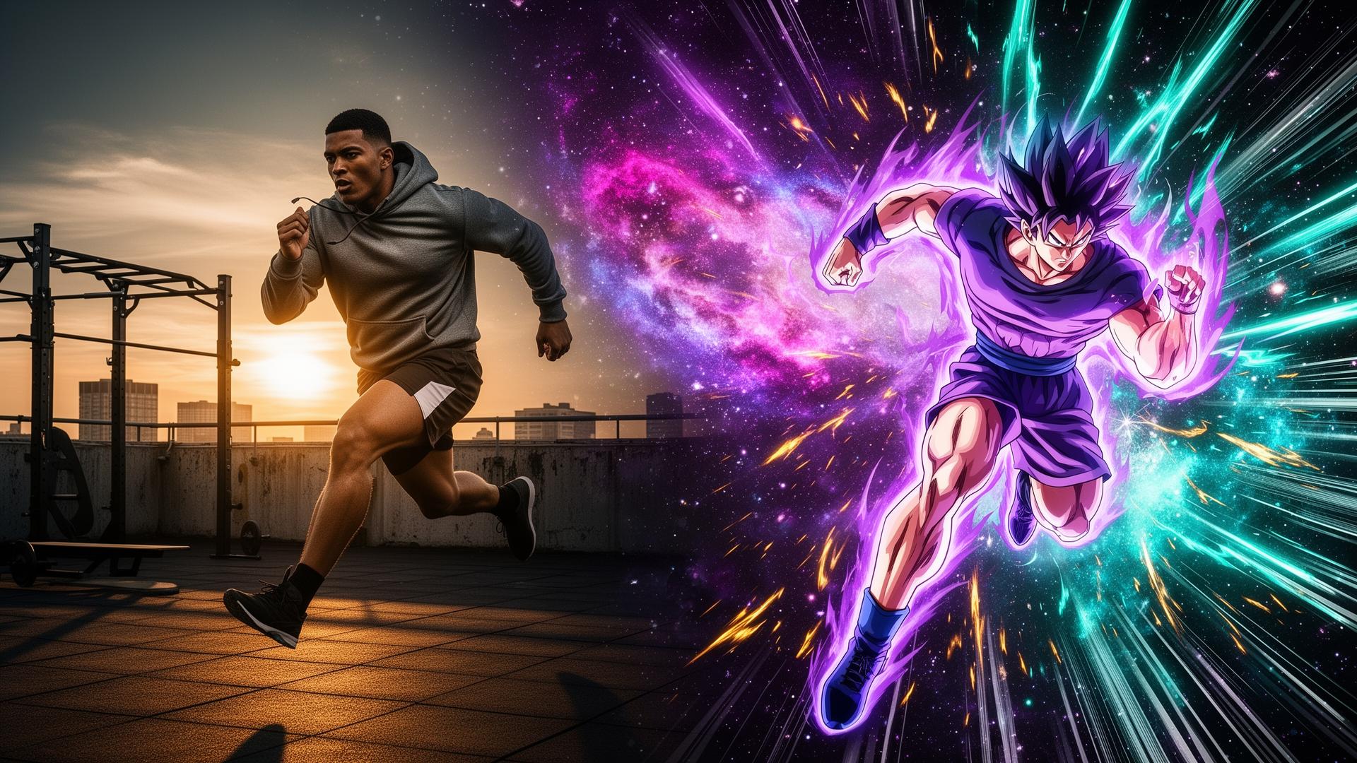 Athlete training with cosmic anime energy aura
