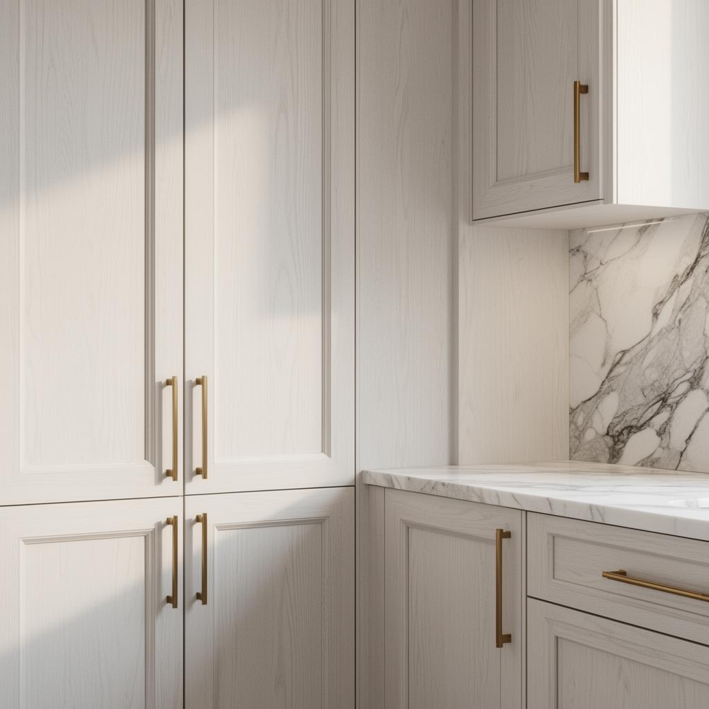 Custom European white-oak cabinetry with brass hardware and marble detail by Senso Design